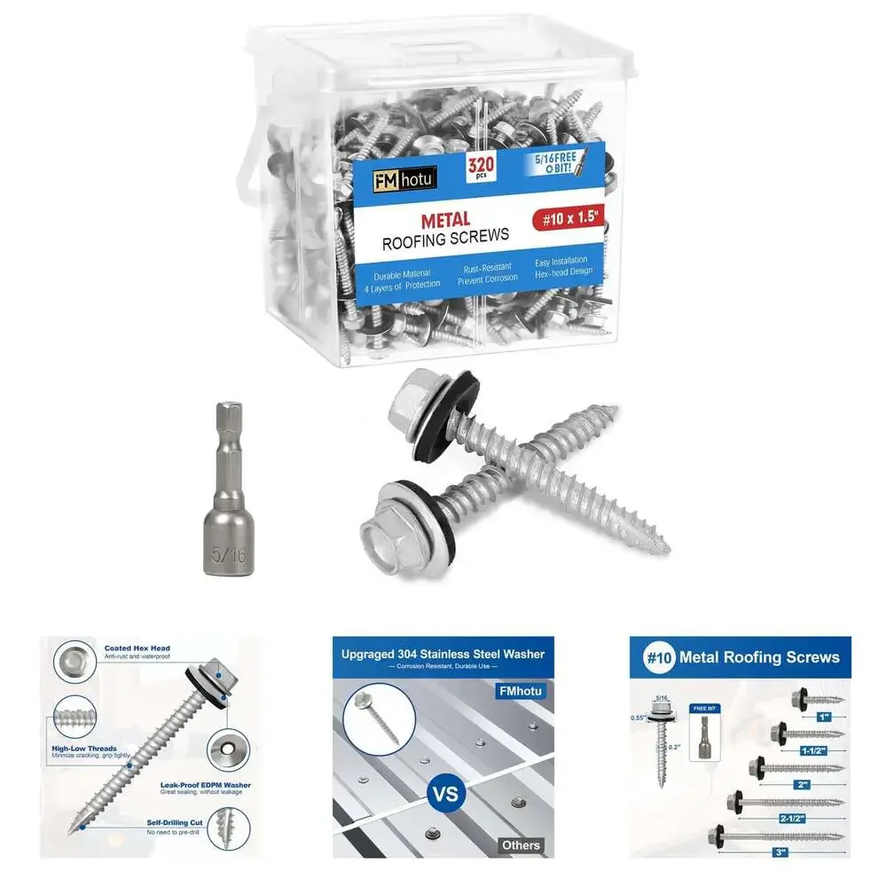 Metal Roofing Screws #10 X 1-1/2 Inch Rustpert Coating 320-Pack with EPDM Washer